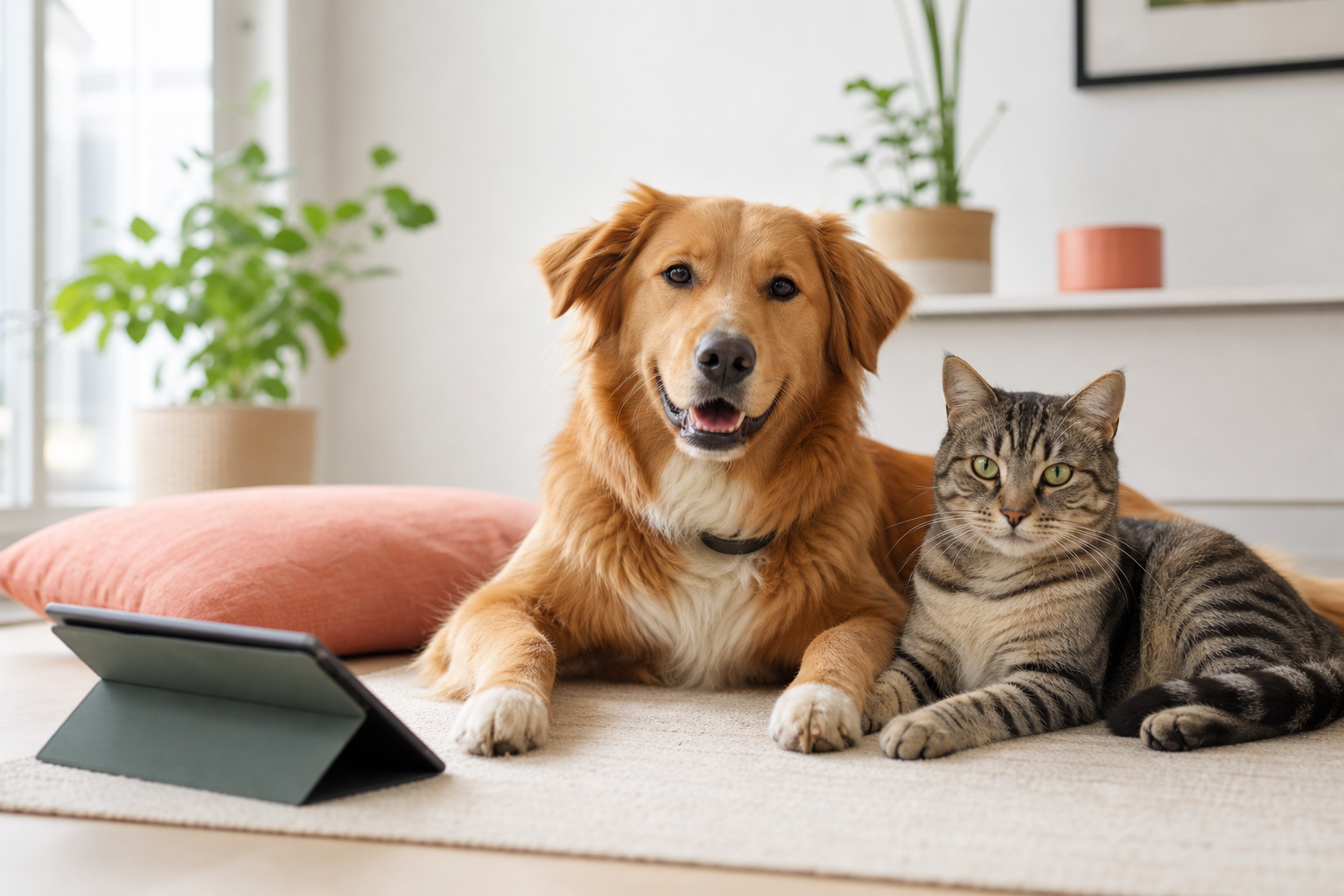 A dog and cat relaxing together in a bright home