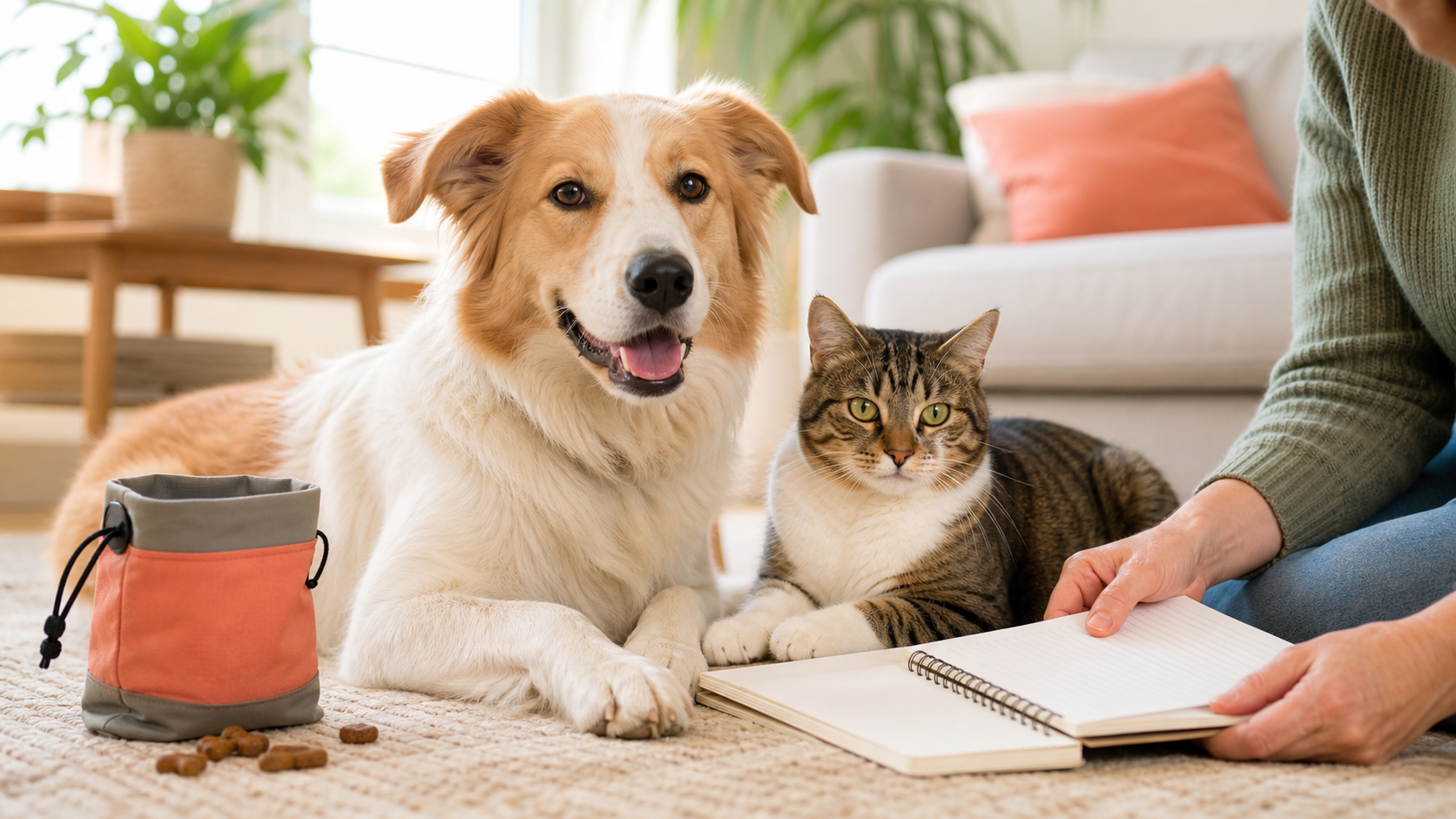 Senior dog resting at home with pet care notes